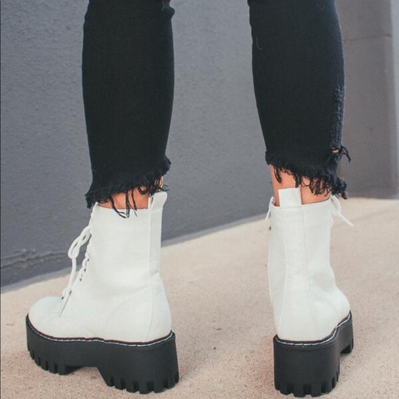 White Lace Up High Platform Combat Boots - Picture 4 of 7